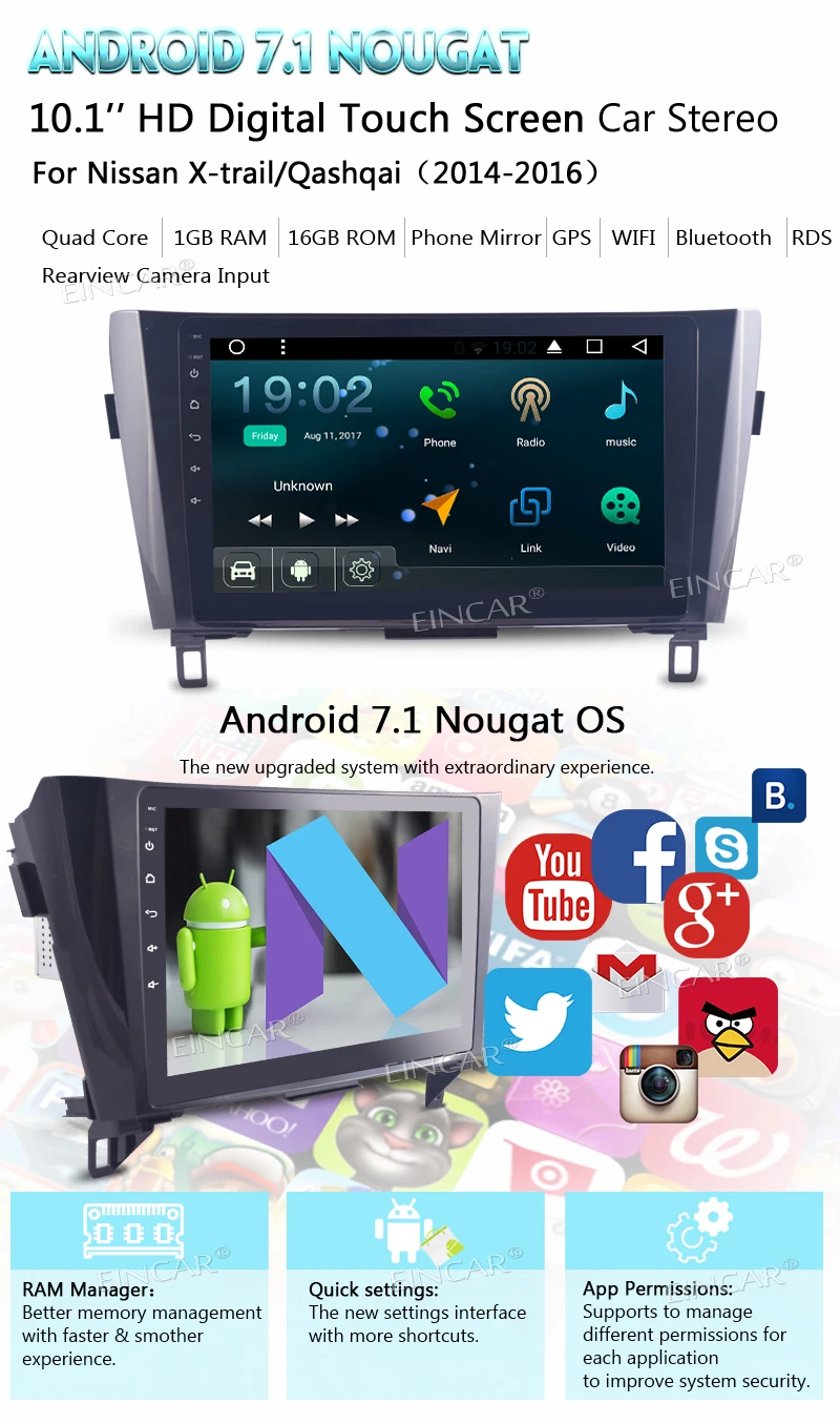 

Car Radio GPS Navigator Android 7.1 Car Stereo 10.1 Inch Touch Screen with Bluetooth+Remote Control+Camera CAN-BUS For nissan