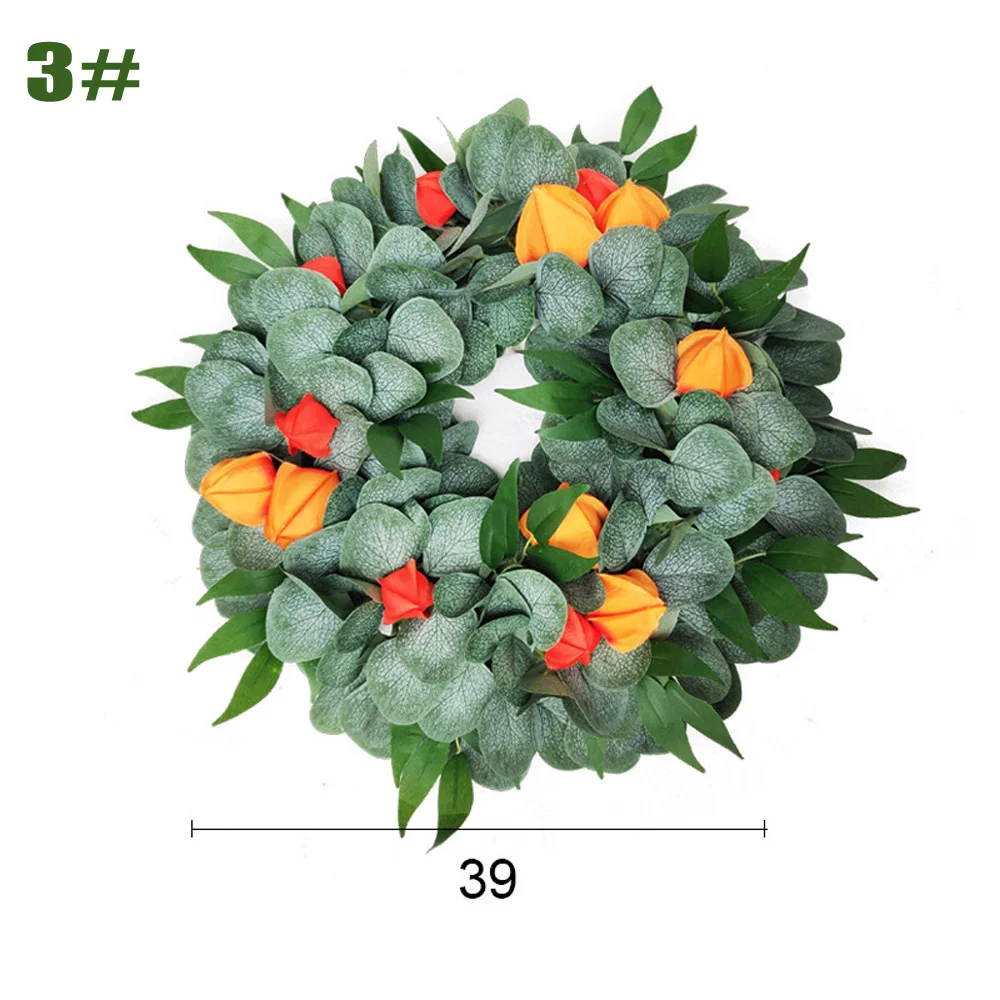 

Home Artificial Flower Garland 39cm Office Room Door Birthday Ring Leaves Vivid Eucalyptus Lantern Fruit Decor