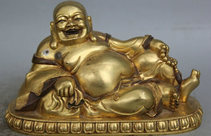 

JP S0524 10" China Bronze 24K Gold Gilt sleep Happy Laugh Maitreya Buddha moneybag Statue (B0328)