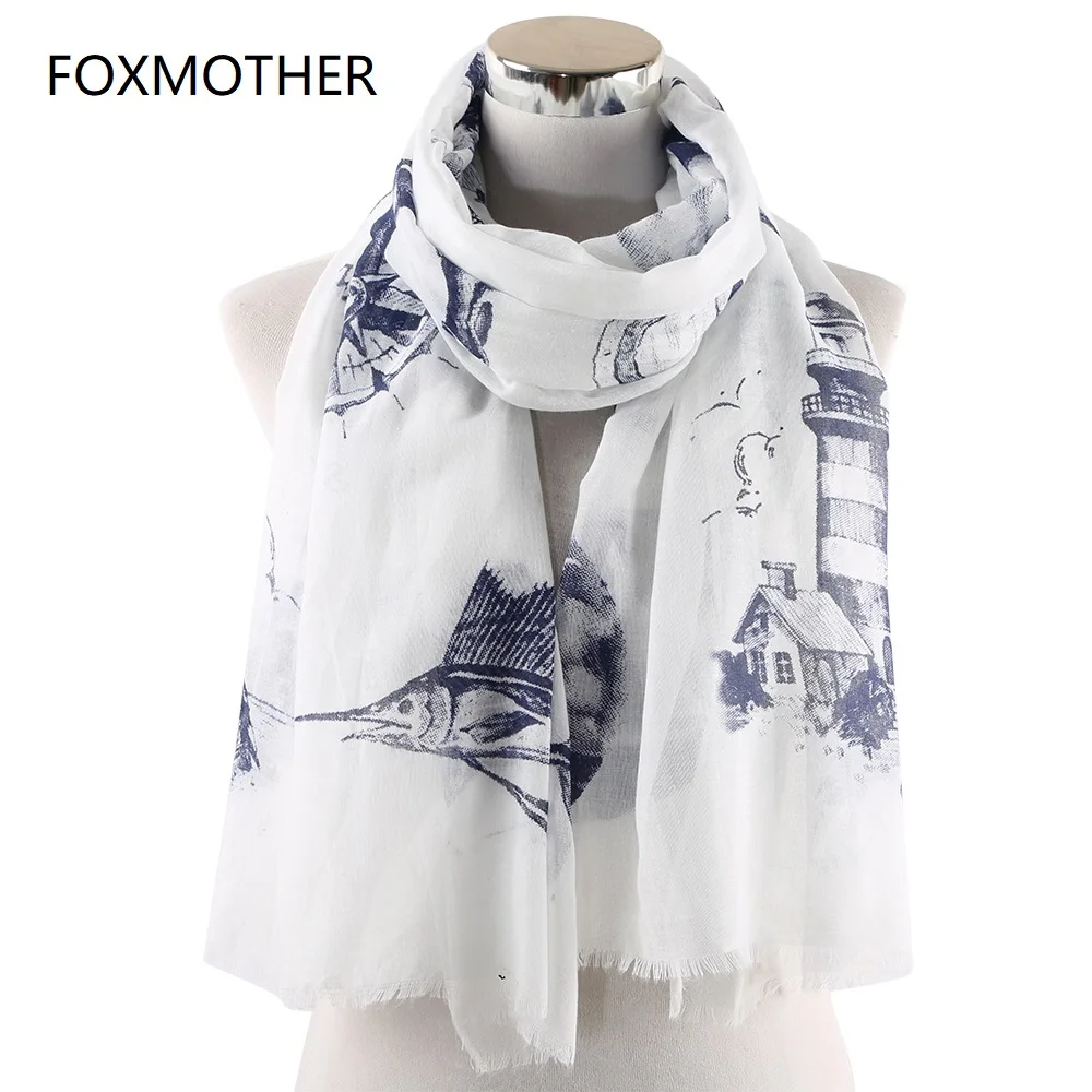 

FOXMOTHER New Women Fashion Spring Summer White Pink Mint Color Nautical Theme Scarfs Fish Wheel Sailor Scarves Sea Ocean Scarf