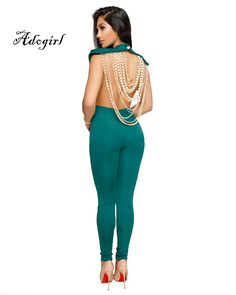 Adogirl 2018 Spring Sexy Back Pearl Chain Women Jumpsuit Green-1