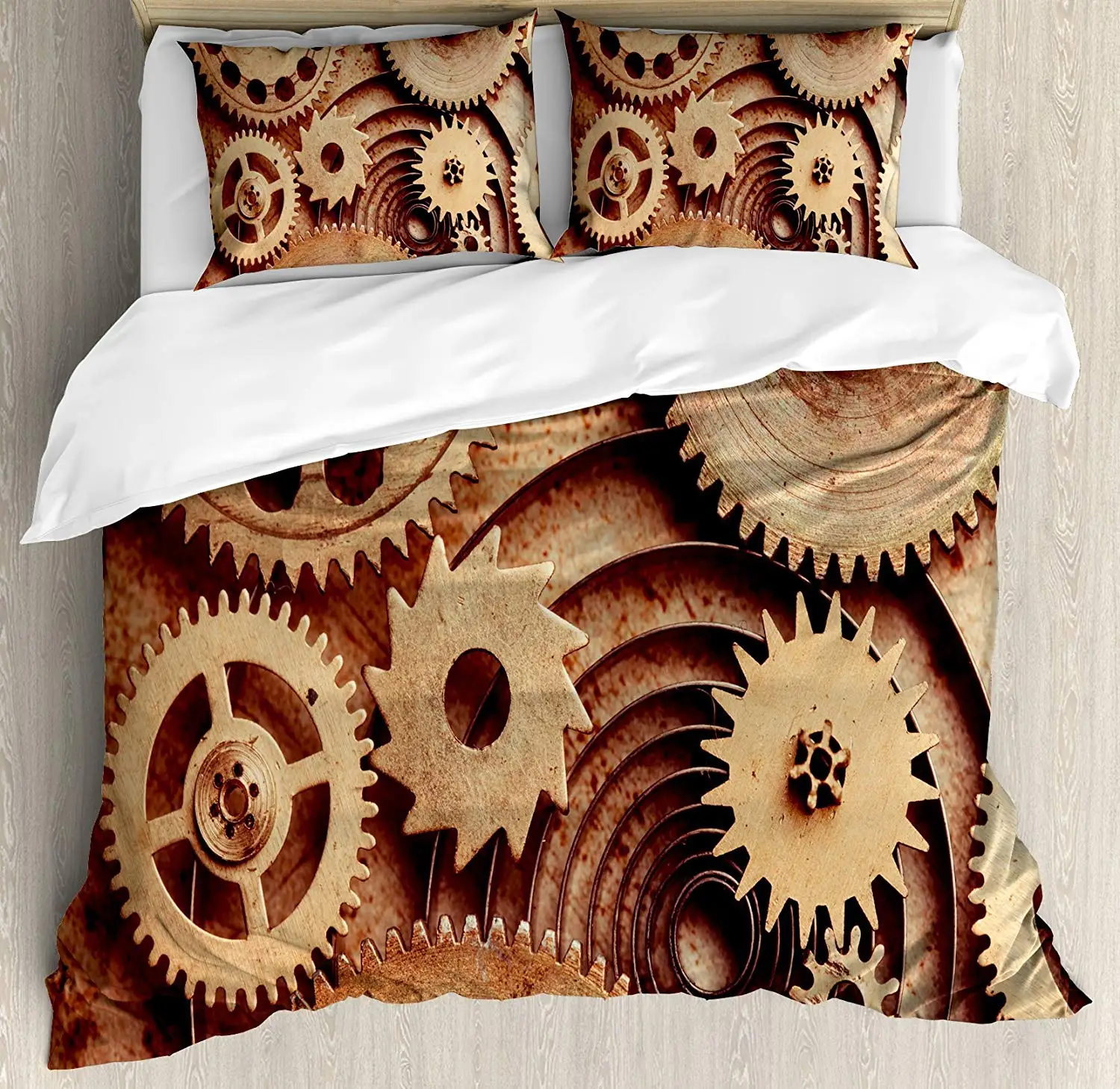 

Industrial Duvet Cover Set Queen Size The Clocks Theme Gears Mechanical Device Image Steampunk Style Print Bedding Set Cinnamon