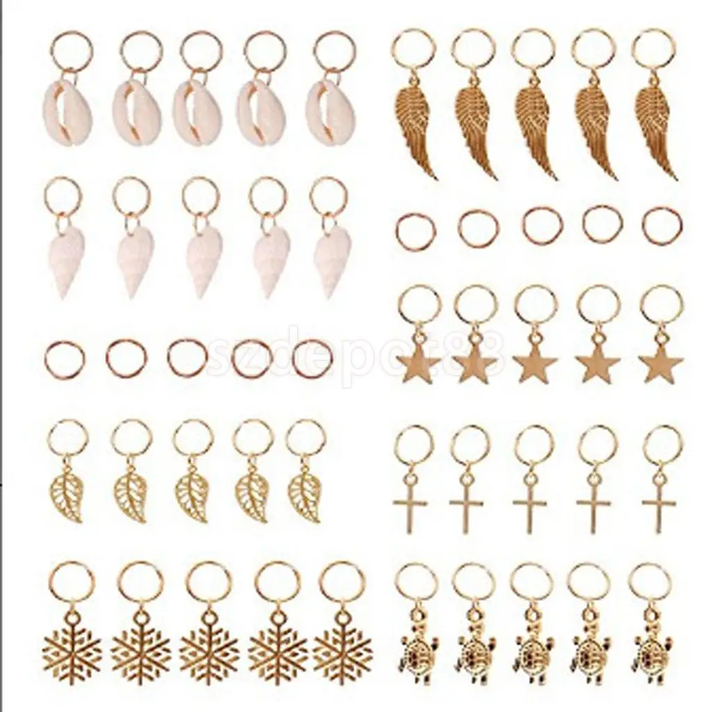 50pcs Hip Hop Hair Braid Rings Hair Loops Clips Bulk DIY Hair Accessories Headband - Star Leaf Shell Feather Snowflake Cross
