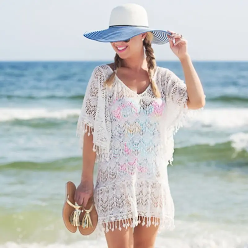 

Women Sexy Half Batwing Sleeves Swimsuit Cover Up V-Neck Crochet Floral Lace Beach Dress Hollow Out Tassels Trim Pullover Blouse
