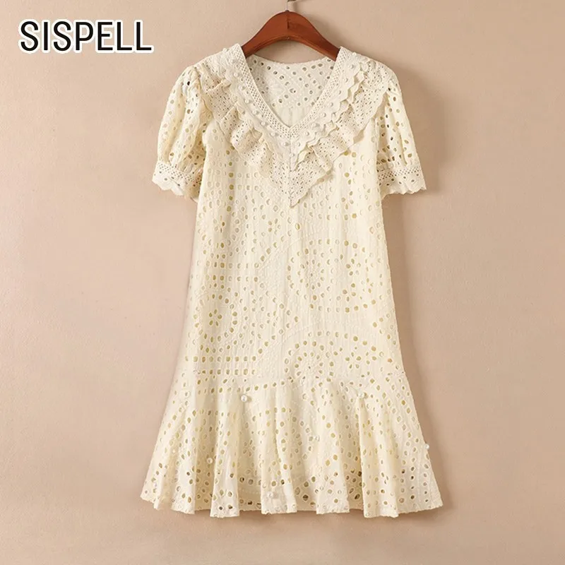 

SISPELL 2019 Summer V Neck Ruffles Dress For Women Short Sleeve Solid Hollow Out A Line Mini Dresses Female 2019 Fashion New