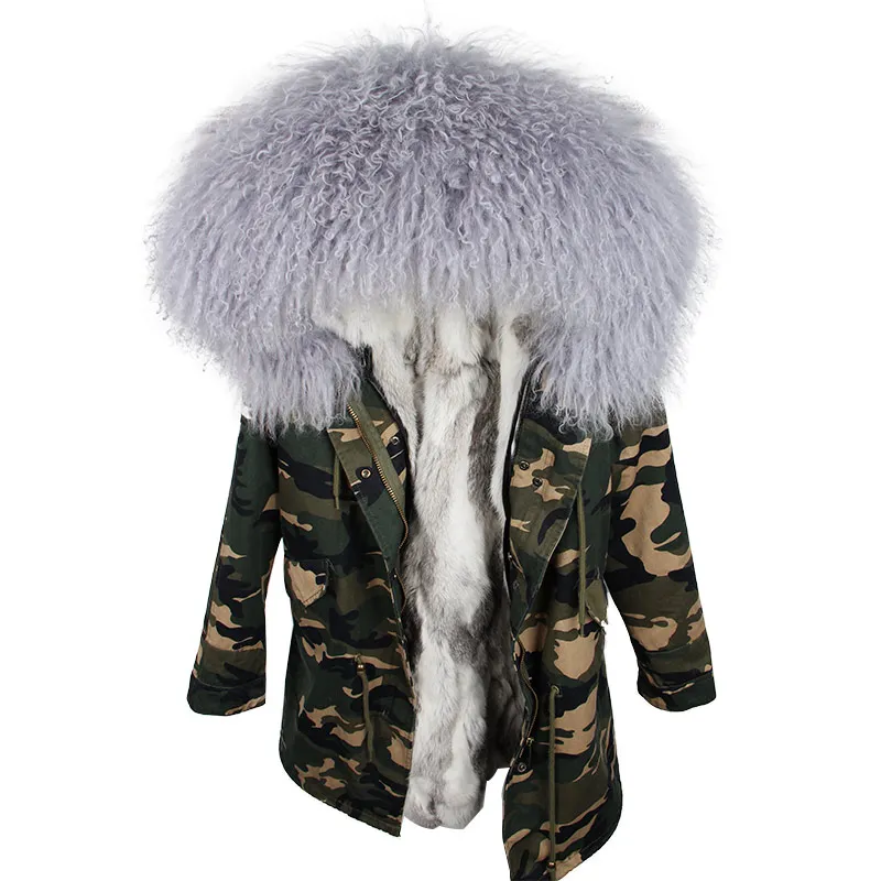 OFTBUY пальто с натуральным мехом, зимняя куртка, Женская длинная парка, воротник из натурального меха монгольской овцы, капюшон, подкладка из натурального кроличьего меха, уличная одежда - Цвет: camo grey