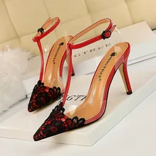 Party Women Sandals Shoes Fashion Lace Pointed Toe PU Leather Buckle Strap 8.5cm Thin High Heels Lady Sexy Female Pump Shoes цена Party Women Sandals Shoes Fashion Lace Pointed Toe PU Leather Buckle Strap 8.5cm Thin High Heels Lady Sexy Female Pump Shoes цены онлайн