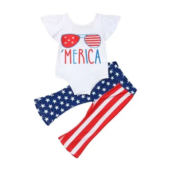 

Fashion Children Clothing Casual Toddler Baby Girl Independence Day Clothes Short Sleeve Tops Romper Pants July Fourth Outfit