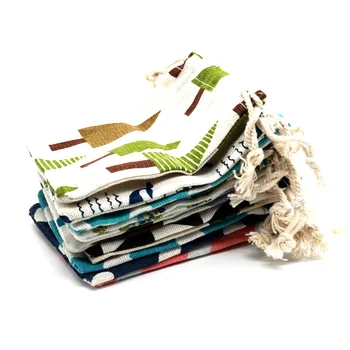 

100pcs 8x10cm printing Cotton Linen Jewelry Gift Bags Drawstring Storages Bags Wedding Christmas Party Jewelry Gift Packing Bags