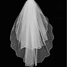Свадебная фата два слоя Короткие свадебная фата Белый Локоть Длина Перл Тюль свадебная фата Дешевые свадебные ленты атласной отделкой край