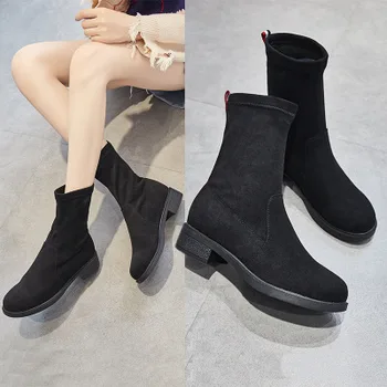 

2018 autumn winter new Korean version of the fashionable elastic boots black jockstrap women's shoes good quality comfortable