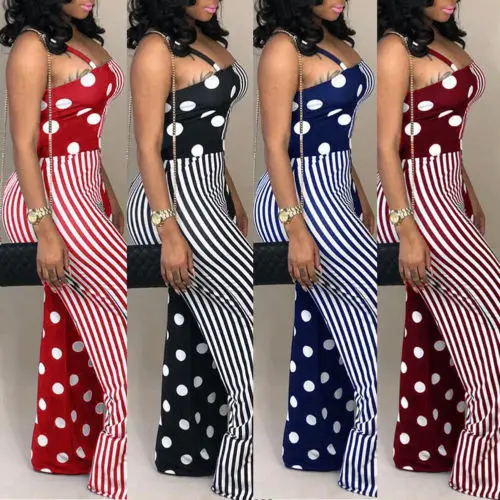 

2018 New Fashion Dot Stripe Jumpsuit Women Striped Sleeveless Wide Leg Jumpsuits Romper Summer Lady Casual Holiday Long Playsuit