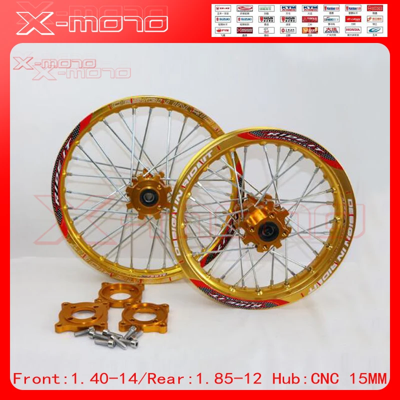 15mm Front 1.60-14" Rear 1.85-12" Alloy Wheel Rim CNC Hub For KAYO HR-160cc TY150CC Dirt / Pit bike 12 14 inch Gold wheel