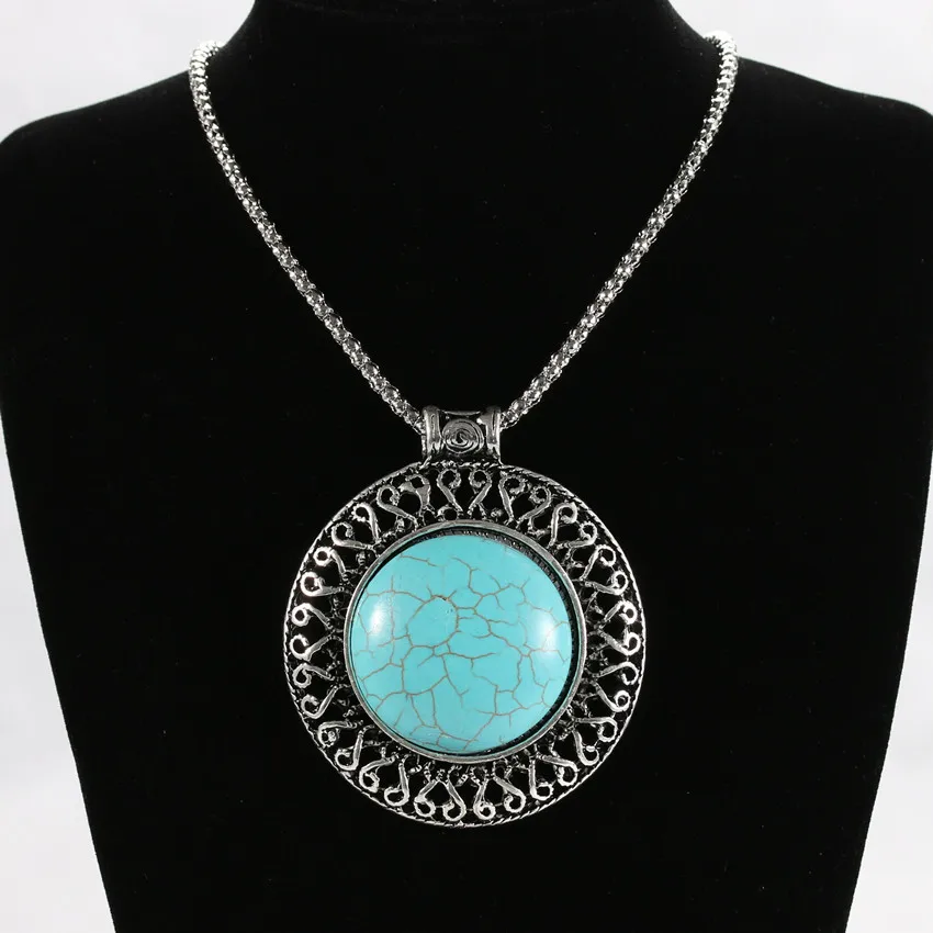 Silver Plated Necklaces & Pendants for Women Fashion Jewelry Turquoise Necklaces Round Tibetan