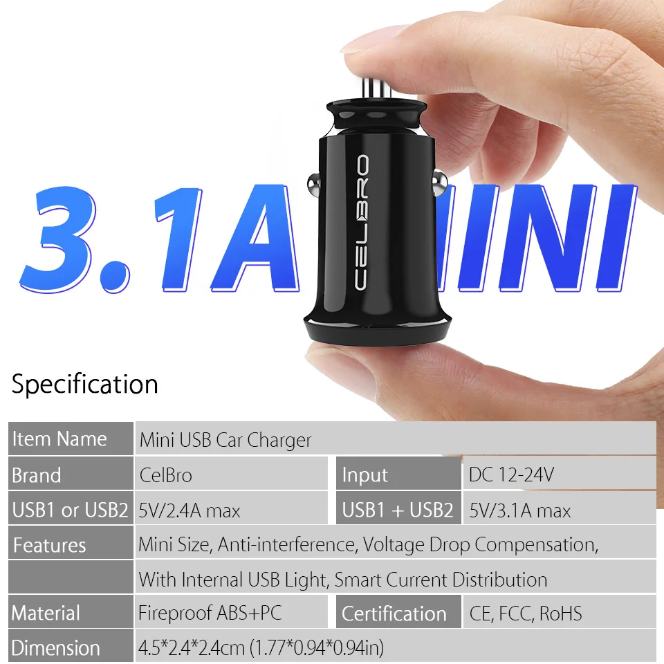 Двойной слот для мини USB Автомобильное зарядное устройство 3.1A микро смартфона