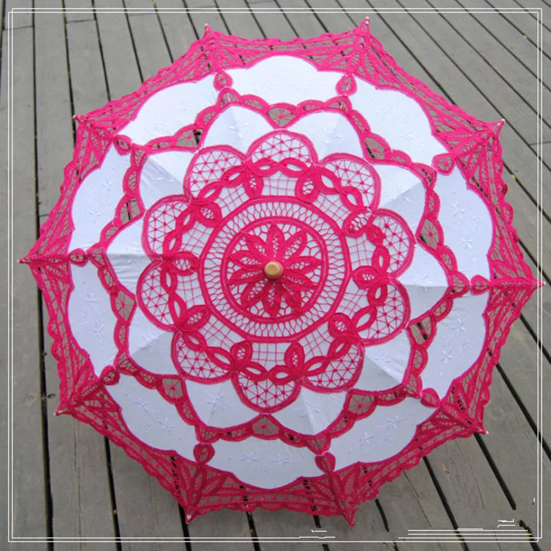 Элегантный хлопковый кружевной зонтик с вышивкой, открытый летний зонтик от солнца для украшения свадьбы, фотографии, Свадебный зонтик для подружки невесты - Цвет: Rose