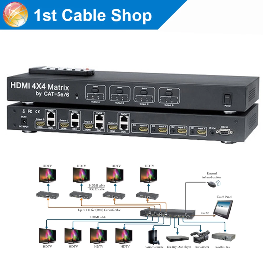 

hdmi switch splitter 4x4 matrix Switcher/Splitter/Extender over Cat5e/6 by Cat6 cable up to 130ft(one TX&4 receivers included)