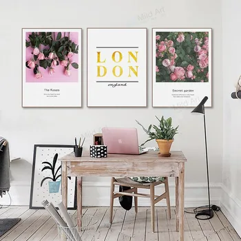 

Pink Rose Flowers Green Leaves London Quotes Posters and Prints Nordic Living Room Wall Art Pictures Home Decor Canvas Paintings