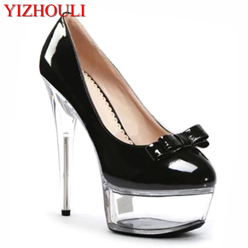 

New bow decoration 15cm high heels, women PU sexy single shoes, model banquet show, dancing shoes