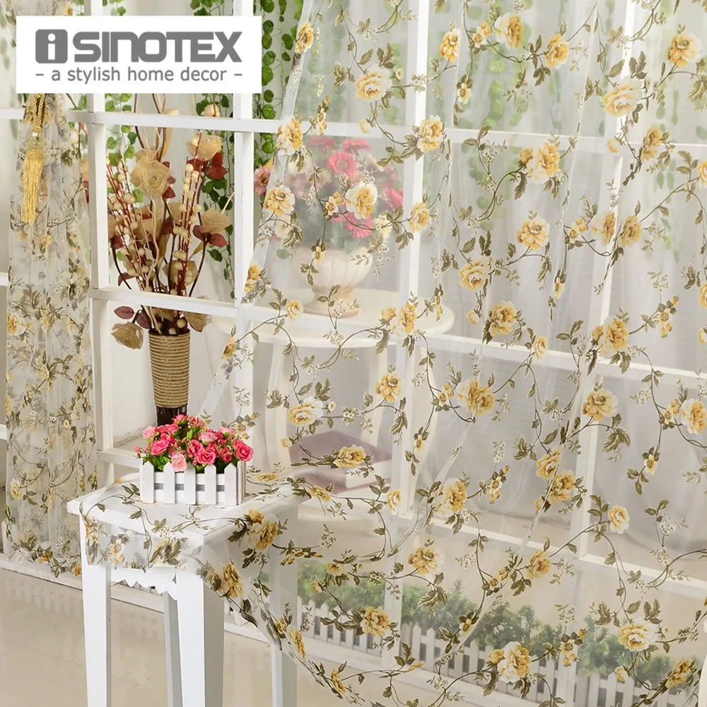 

iSINOTEX Window Curtain Yellow Floral Transparent Burnout Sheer Tulle Voile Fabric Living Room Screening 1PCS/Lot