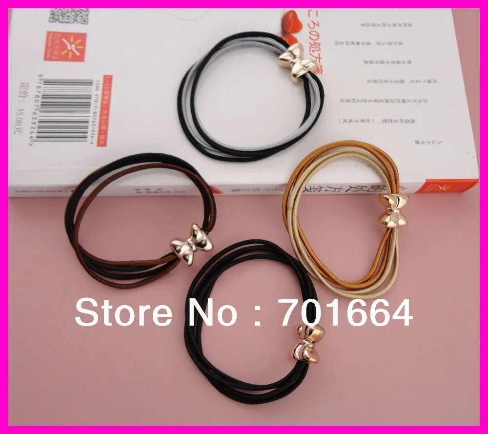 

20PCS 2mm Four elastic cords hair bands combined ponytail holders with golden bows connection,elastic hair ties
