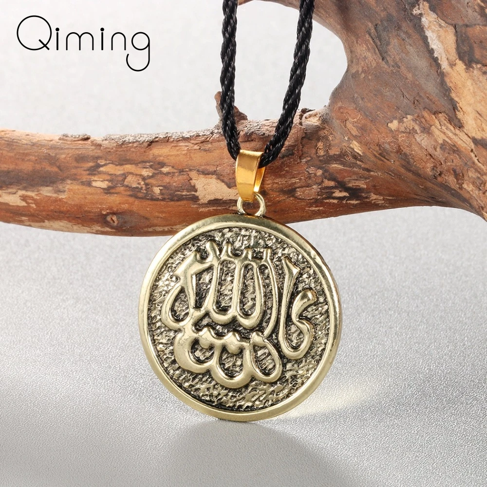 

Silver Allah Pendant Muslim Necklace Amulet Religious Jewelry Accessories Antique Round Arabic Letter Woman Necklaces Men Gift