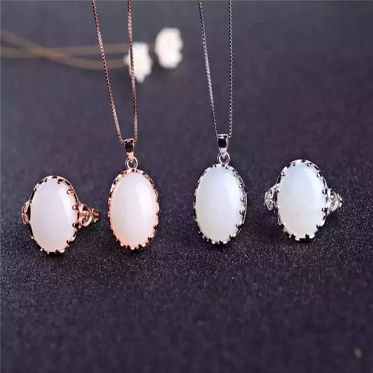 

Genuine 925 silver inlay and nephrite jade white set of two sets of ring jewelry set of jade sets