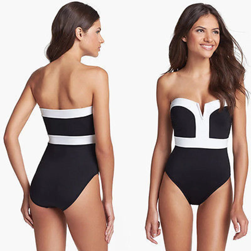 

2019 New Women Patchwork One Piece Swimsuit Push Up Black and write Strapless bikini bathing suit Swimsuit Sexy one piece bikini