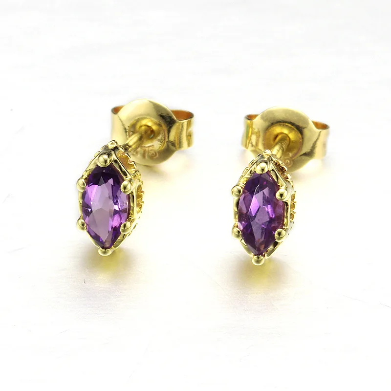 

Fancy 9K Pure Real Yellow Gold Purple Topaz Waterdrop Pierced Earrings for Women Girl Solid Stud Fine Engagement Jewelry Gift