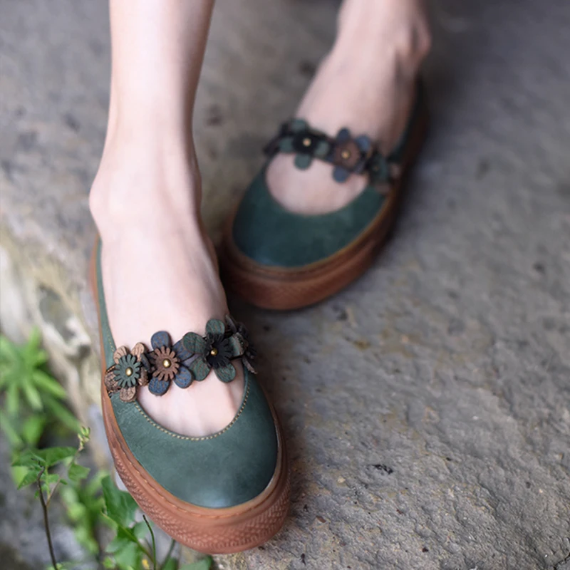 

Artmu Original Retro Flower Women Slippers Outside Wear Flat Sweet Genuine Leather Comfortable Handmade Sandals 388A-13T