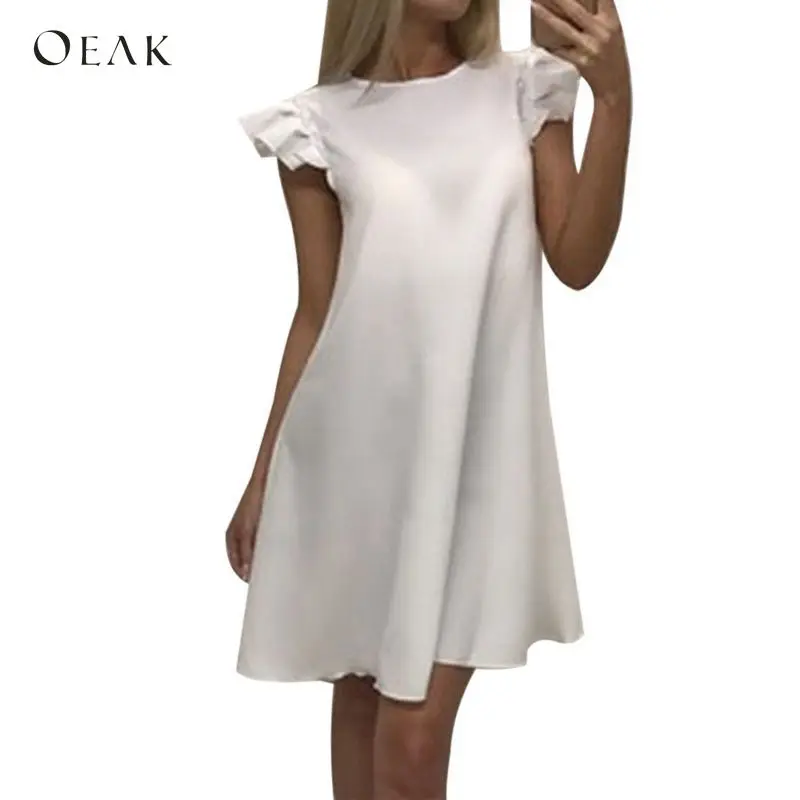 

OEAK Simple Solid Butterfly Sleeve Women Dress Summer O Neck A- Casual Mini Dress Female White Black Party Dress Vestidos