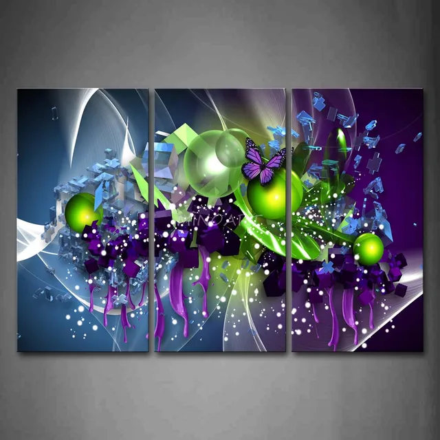 3 peça Wall Art peinture artistique violet papillon vert