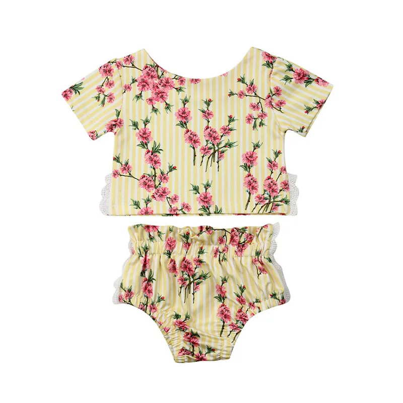 

Fashion Baby Girls Cotton Clothes Set 2019 Newborn Baby Girl Summer Lace Vertical Stripe Flower Printed Crop Tops+Shorts 0-24M