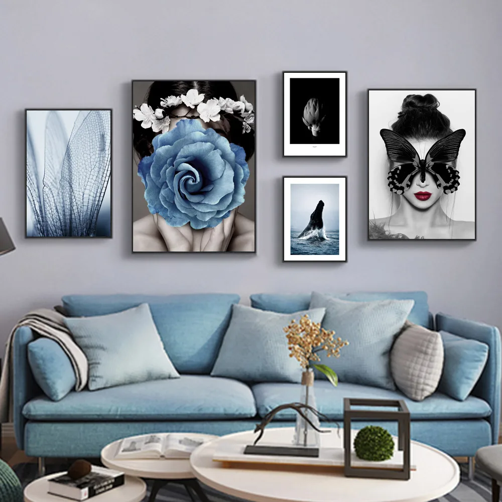 

Blue Flower Wall Art Canvas Prints Abstract Wall Pictures For Living Room Nordic Poster Minimalist Posters And Prints Unframed
