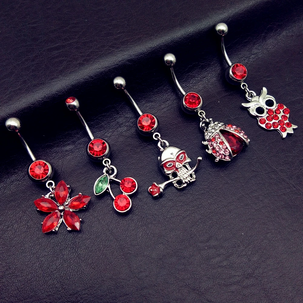 5pcs 2019 new arrivals luxury red owl skull rose flower cherry ladybug navel belly bar button rings body piercing jewelry