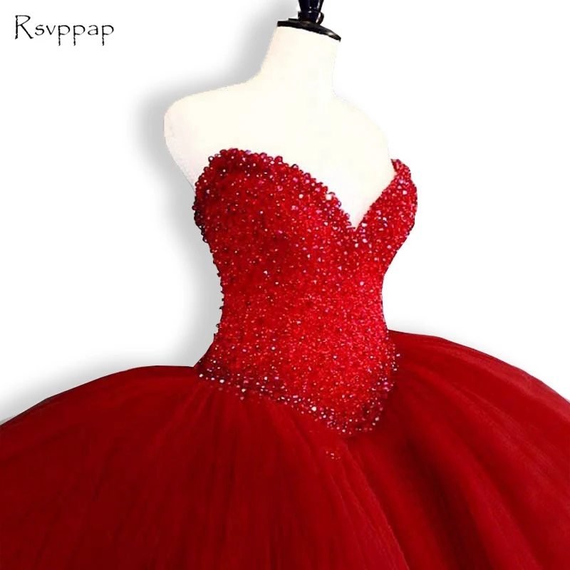 Puffy Quinceanera Dresses 2017 Sweetheart Top Beading Sweet 16 Ball Gowns Red Quinceanera Dress 15 Years