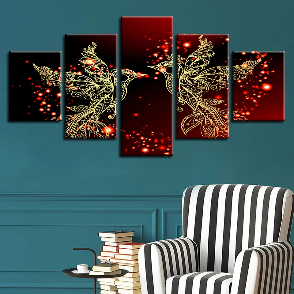 HD Печать Картина модульная рамка настенная живопись 5 панель золотая птица популярная картина для гостиной Декор плакат