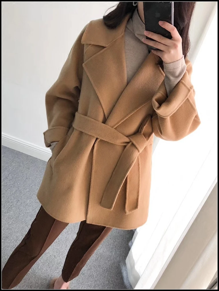 

2019 Full Long Belt Hot Sale Winter Coat Abrigo Mujer Double-faced Cashmere Female New 100% Solid Color Tie Double-sided Women