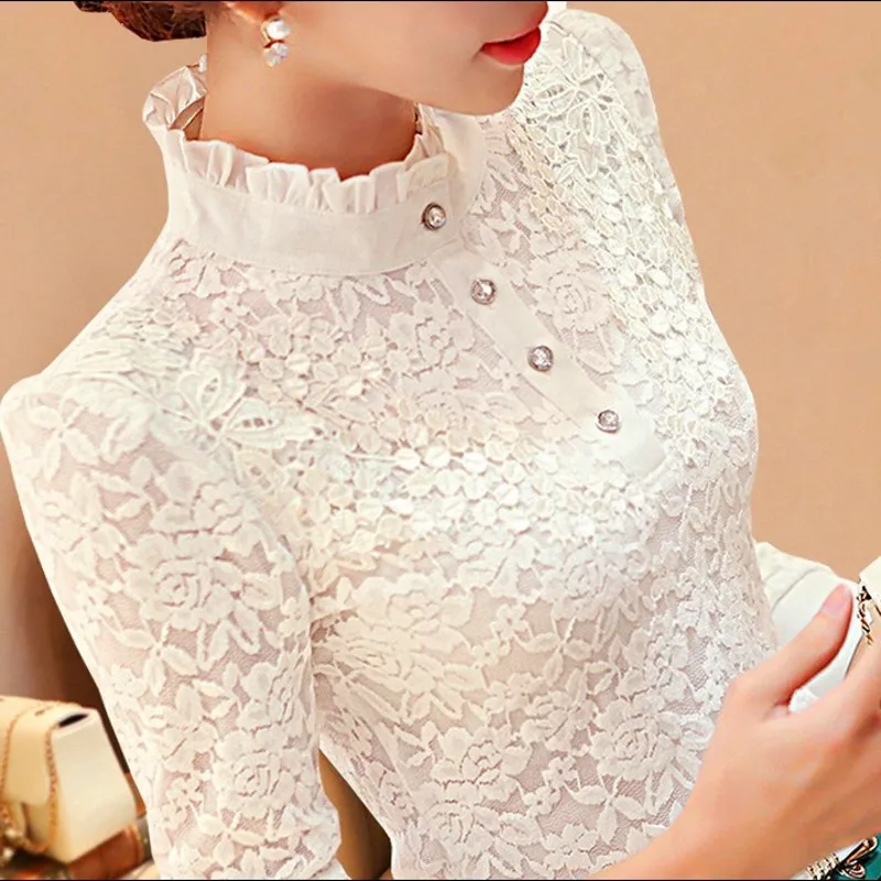 

2018 Winter Long Sleeve Stand Collar Plus Size Lace Blouses Women Velvet Warm Thicker Lace Tops Shirts White Black S-3XL ZZ550