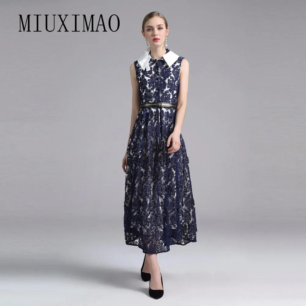 

Best Quality 2018 Spring & Summer Newest Europe Style A-Line Turn-down Collar Sleeveless Sashes Elegant Mid-Calf Dress Women