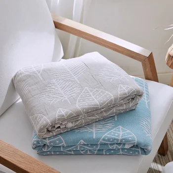 

Leaves Printed Super Soft Summer Blankets For Beds Single Double Bed Cotton Yarn Knitted Blue Quilt Soft Home Blankets