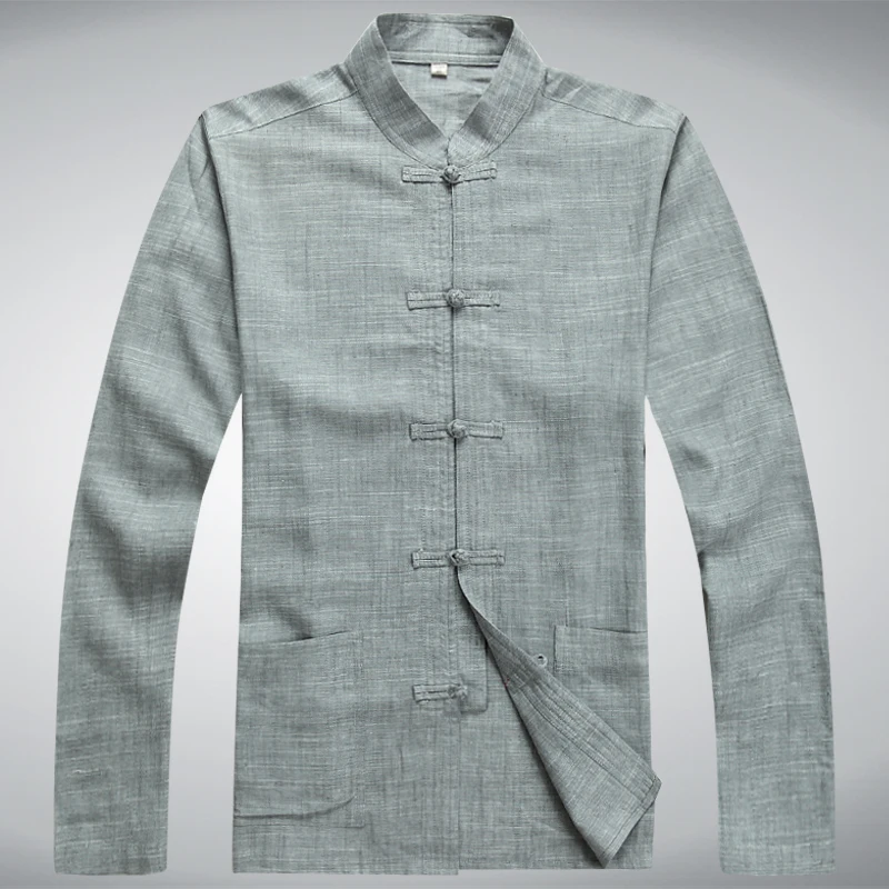 

Autumn Long Sleeve Male Chinese Style Garment Gray Blue Black Color Frog Button Shirt Martial Arts Kung Fu Clothes For Man