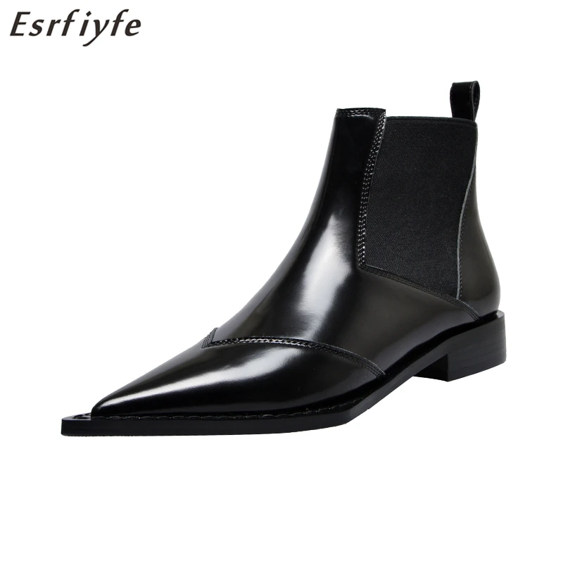 

ESRFIYFE Brand Black Cow Genuine Leather Ankle Boots Square High Heels Pointed Toe Fashion Shoes Woman Winter Boots Women