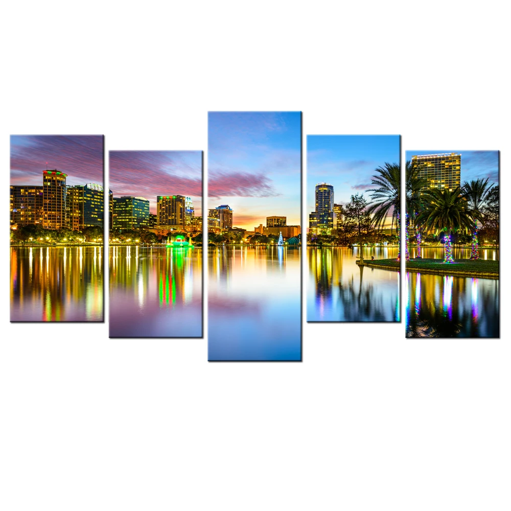 

Contemporary Art Home Decorative Paintings Modern City Night View Riverside Landscape HD Picture Wall Decor Canvas Art 5 Piece