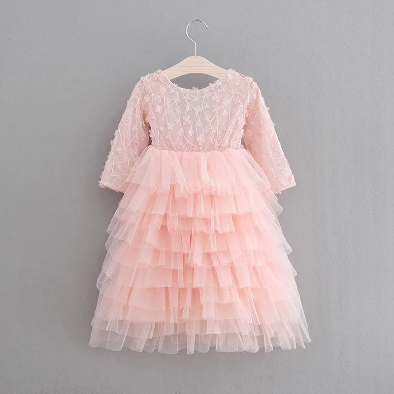 Лепестки аппликация Детское платье с цветочным принтом детская полный рукав осень пачка для девочек с цветами платье принцессы из тюля vestido для 2-6yrs