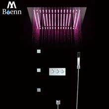 Bathroom 16 Inch Showerheads Rainfall 304SUS Hot and Cold Shower Mixer Faucets Remote Control LED Light Shower Set Bath Spout