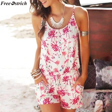 Свободные женские короткие комбинезоны без рукавов с принтом страуса, женские пляжные комбинезоны с открытой спиной, повседневные Комбинезоны с карманами размера плюс