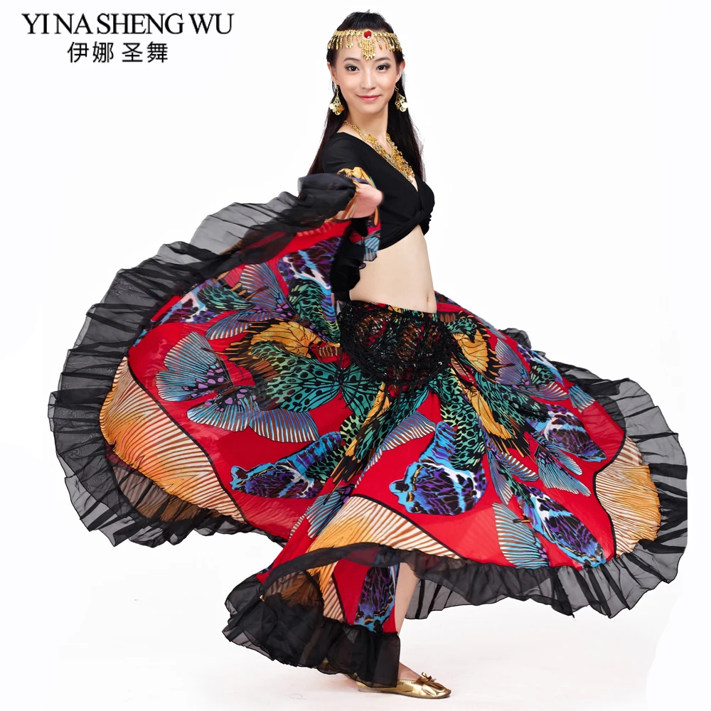 

720 Degree Gypsy Skirt Butterfly Printed Gypsy Costumes Belly Dance Tribal Bohemian Skirt Belly Dance Flamenco Dance Sets 2Pcs