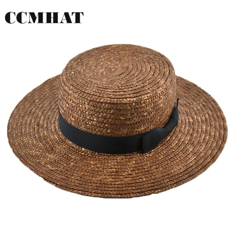 CCMHAT Wide Brim Straw Hat For Women Flat Top Summer Sun Hats For Women