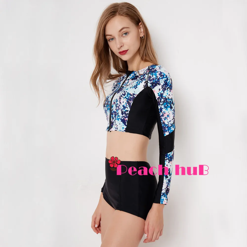 Sport Swimsuit 3 Piece Bathing Suit Long Sleeve Swim Tights Rashguard Women Surf Suit Plus Size Swimwear Shorts High Waisted (7)